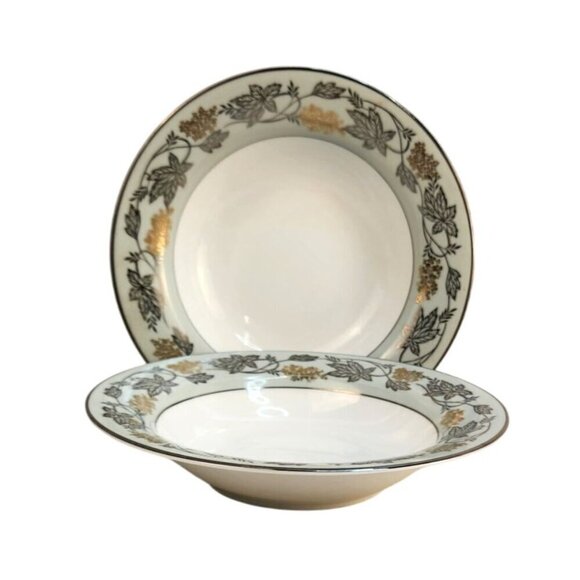 Noritake China Silvine 5487 Soup Bowls Set Of 2 With Floral Leaf Pattern Rim Des - Picture 8 of 8